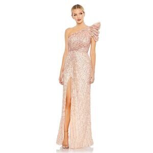 Mac Duggal Embellished One-Shoulder Gown 0  Puff Sleeve Sequin A-Line NWT